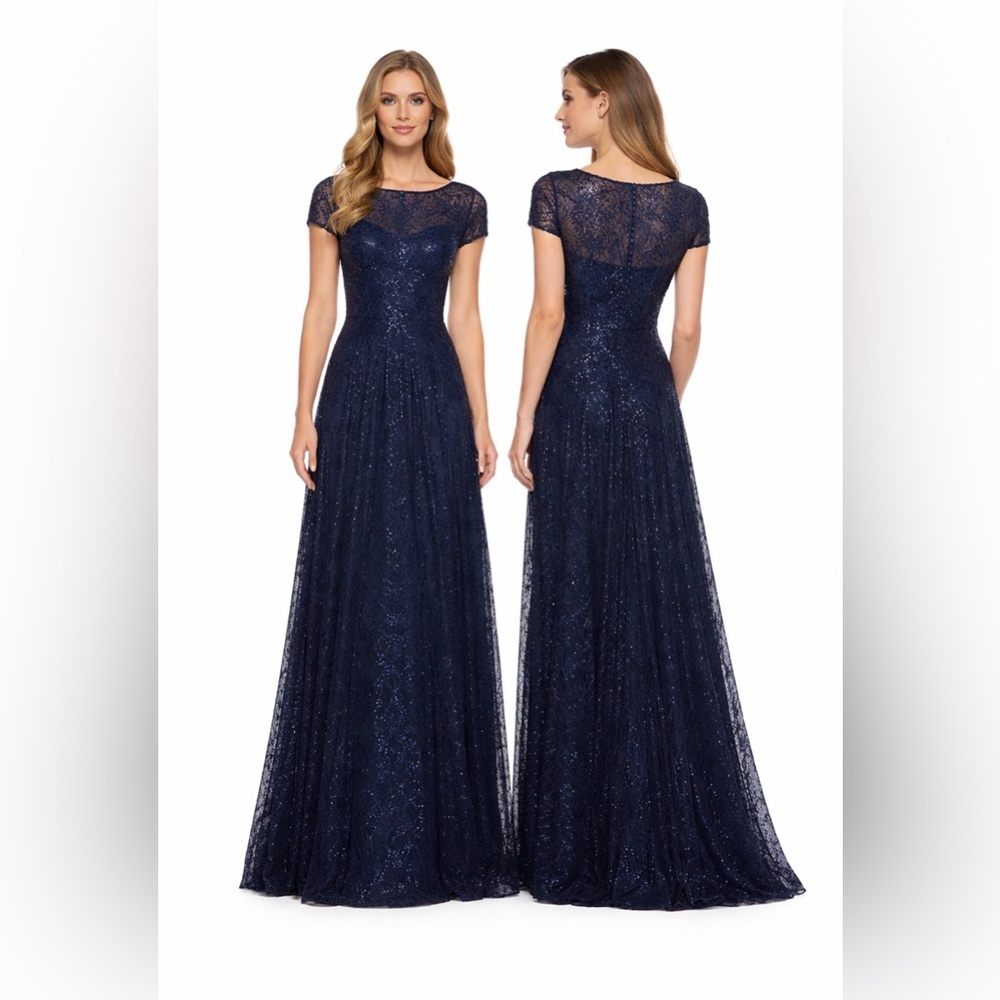 La Femme 27837 Gown Maxi Dress 10 Navy Blue Sequin Lace A-Line Gala NEW $498